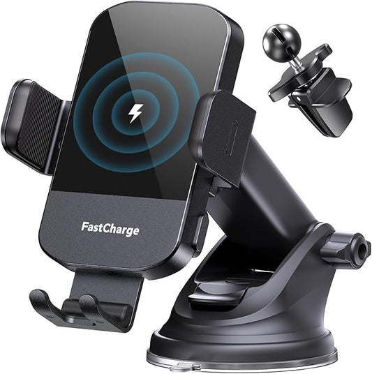 CHGeek Wireless Car Charger, 15W Fast Charging Auto Clamping Phone Holders for Your Car Phone Mount fit for iPhone 17 16 15 14 13 12 Pro Max 11 XR XS, for Samsung Galaxy S25 Ultra S24 S23, Black