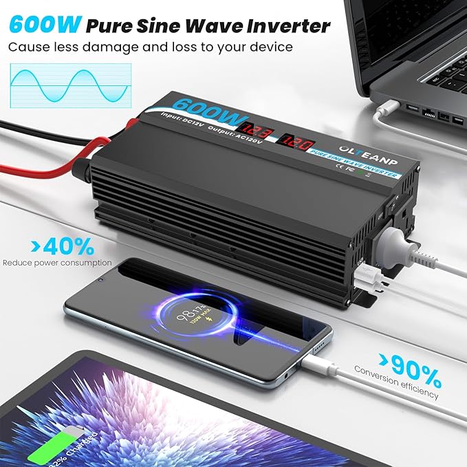 OLTEANP 600W Power Inverter Pure Sine Wave Inverter 12V DC to 120V AC Converter for Car, Truck, Home, Vehicles, Laptop, Car Inverter 12V to 110V with 2 AC Outlets, 2 USB Ports, LCD Display