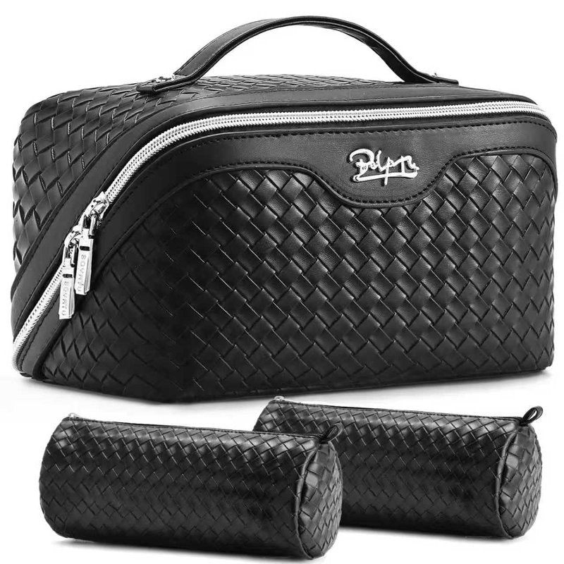 BOYATU Travel Makeup Bags for Women: 3 Pcs Large Make up Bags Set - Vegan Leather Cosmetic Bag for Traveling - Waterproof Toiletry Organizer (L05 Black)
