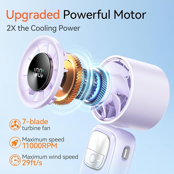 KIMMOO 3-in-1 Portable Handheld Turbo Fan-100 Speeds, 11000 RPM, 10Hrs Cooling, LED Display, 90° Rotation, Small Travel Fan, Mini Foldable Hand Held Personal Fan for Women Men (Purple)