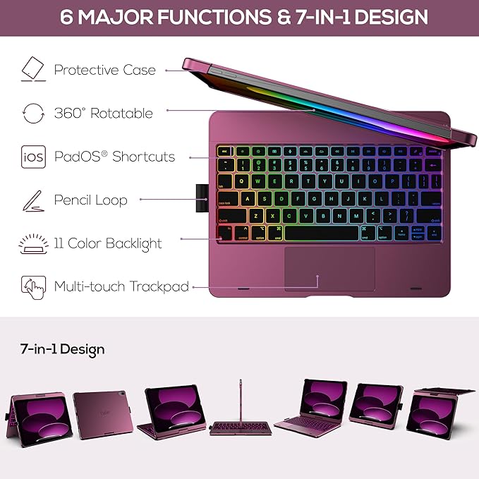 typecase Touch iPad 11th 10th Generation Case with Keyboard (11" 2025, A16 & 10.9" 2022) – 360° Rotatable, 11-Color Backlit, Multi-Touch Trackpad, Pencil Holder, Thin & Light – Raspberry