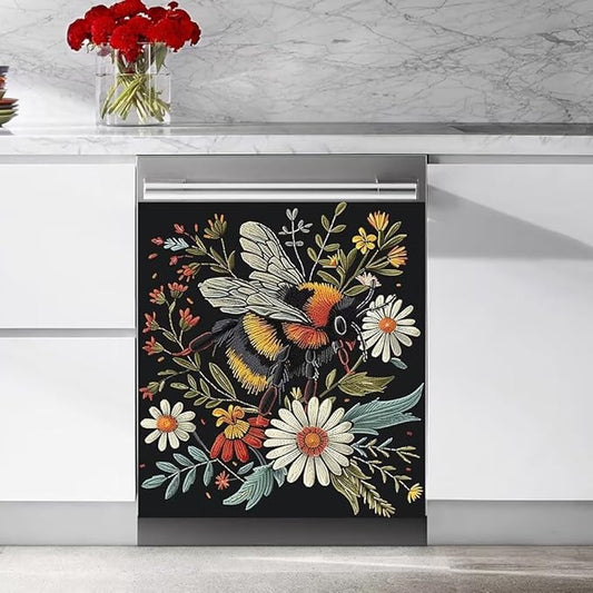 Flower and Bee Pattern Dishwasher Magnet Cover Sticker,Refrigerator Magnet Cover Decal Fridge Magnetic Stickers Home Kitchen Decor,23W x 17H inchs
