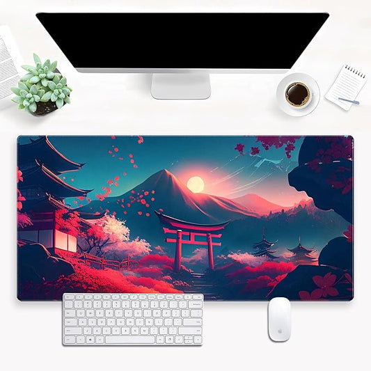 Cindasun Japanese Anime Mouse Pad - Pink Sakura & Full Moon Design Gaming Desk Mat, XL Large (31.5"x15.7") Keyboard Pad for PC Laptop Office Decor