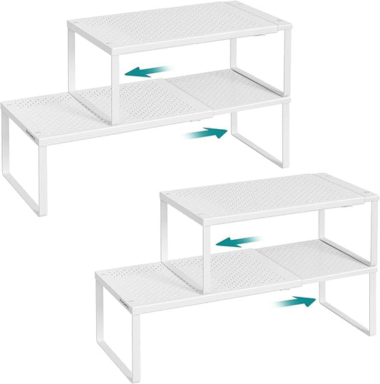 SONGMICS Spice Racks, Set of 4 Expandable Kitchen Countertop Shelves, Small Cupboard Organizers, Metal, Space-Saving Tabletop Shelves, Matte White UKCS404WC01