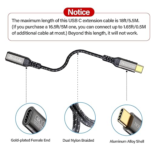 HOTUTUKI USB-C Extension Cable 6.6ft, 20Gbps Data Transfer, 4K@60Hz, 240W Charging, Male to Female Compatible with Cell Phone Cord Extension