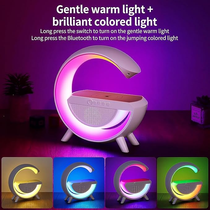 Pxujoqecg Table Lamp with Bluetooth Speaker, G Bedside Light with 15W Wireless Charger, Atmosphere Lighting with Alarm Clock, RGB Bedside Nightstand Table, Hi-Fi Sound, Time Display
