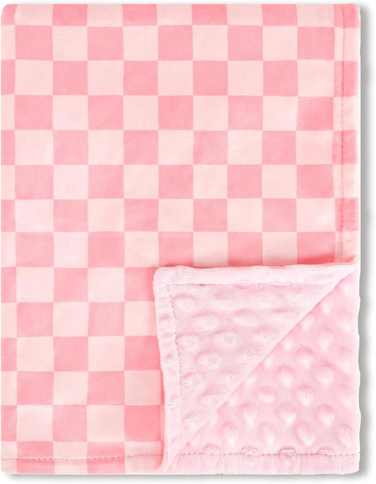 Skiennix Baby Blanket - Double Layer Toddler Crib Blanket with Dotted Backing | Pink Checkered, 30x40 Inches