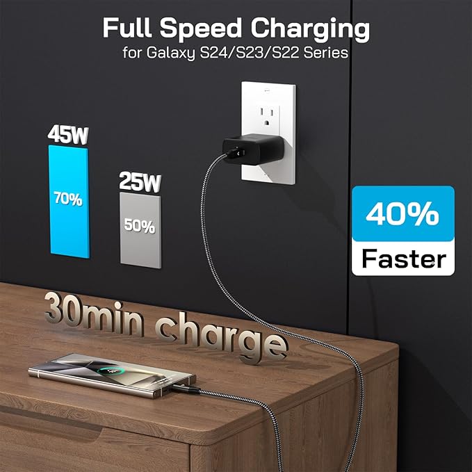 45W Super Fast Charger USB C, 45 Watt Type-C Android Phone Charger Fast Charging Block with 10FT Type C Cords for Samsung Galaxy S26 Ultra/S25 Ultra/S24 Ultra/S24+/S23 Ultra/S22 Plus, Tab S9/S8 Ultra