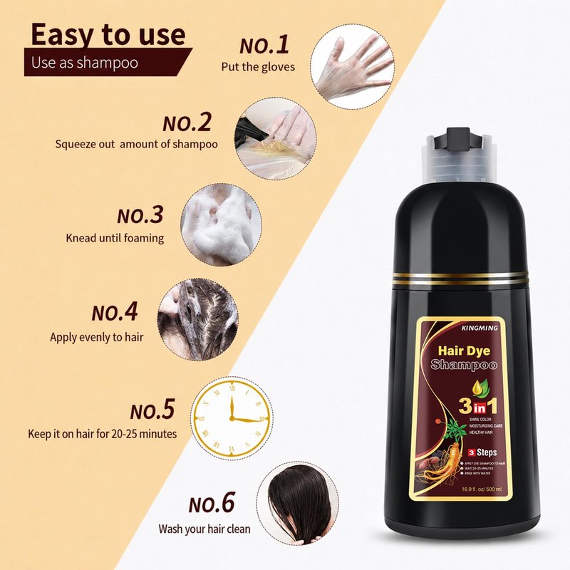 KINGMING Dark Brown Herbal Instant Color Shampoo for Gray Hair Coverage for Women & Men - 3 in 1 Champu Con Tinte Para Canas 500ml