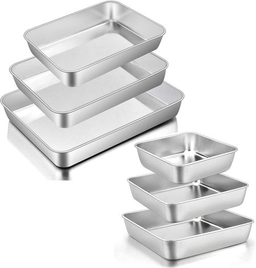E-far Baking Pans Set - 3 Stainless Steel Rectangle & Square Cake Pans | Oven Safe, Dishwasher Safe
