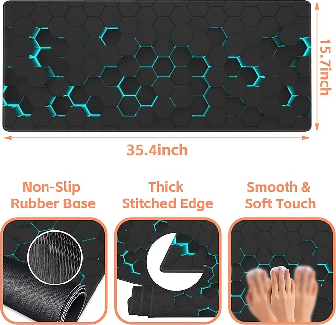 NIYLYNSYN Mouse Pad Large Abstract Hexagonal Neon Non-Slip Game Desk Mat with Stitched Edge Laptop Keyboard Desk Pad for Work Home Gaming (35.4 x 15.7 Inches)