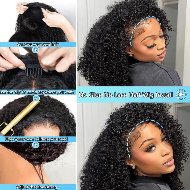 Curly Half Wig 200% Density Kinky Curly Half Wig 3 In 1 Seamless Flip Over Glueless Wigs with Drawstring Beginner Friendly Curly Wig Headband Wig for Women Daily Wear