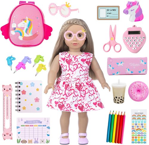 BDDOLL 18-Inch Doll Clothes & Accessories Playset - School Supplies, Bags, Glasses & More