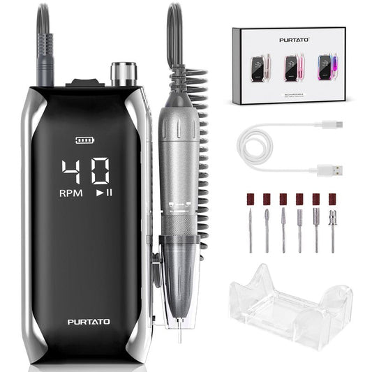 PURTATO Professional Nail Drill 40,000 RPM, Rechargeable,LCD Display E File Machine for Acrylic Nails Gel Polishing Removing Portable Nails Efile Tools for Manicure Salon & Home (Silver)
