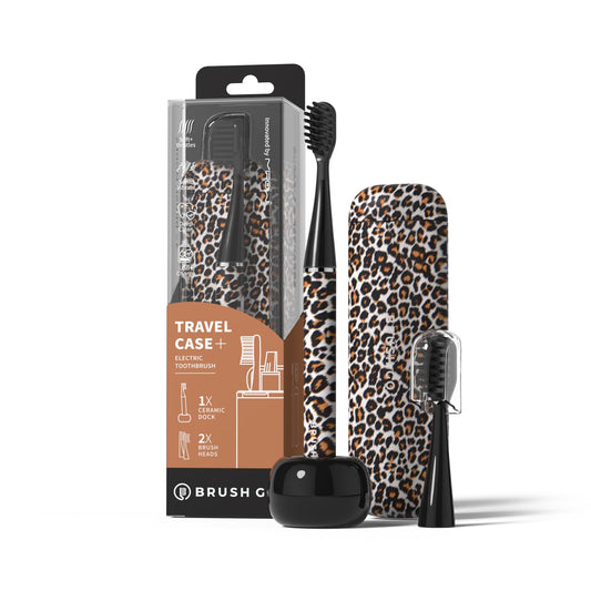 MIPOW Brush GO SlimPro i4 Electric Toothbrush Rechargeable Smart Ultra Sonic 3 Modes, Travel Case & Ceramic Dock, 60Day Battery Soft Bristles 2 Heads IPX7 Waterproof, Color-Leopard Edition