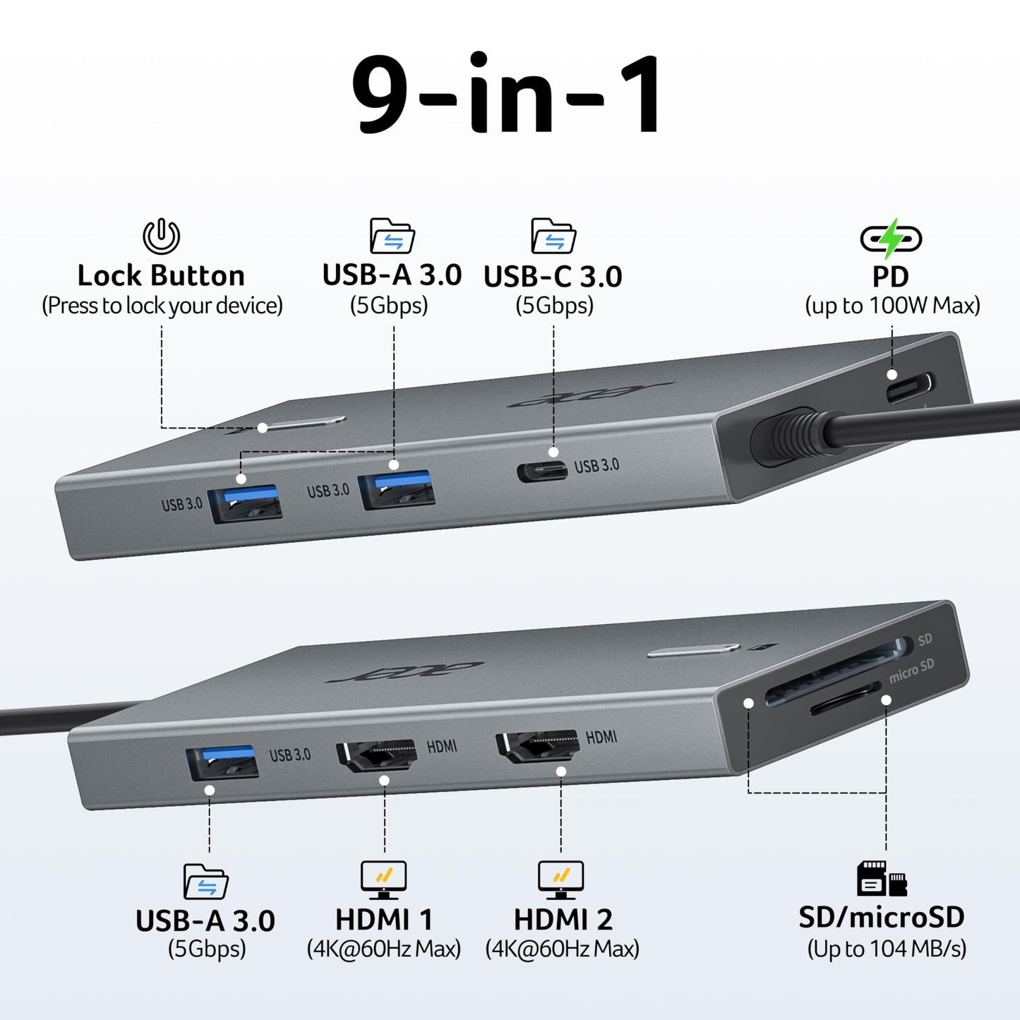 Acer USB C Docking Station Dual Monitor With 2 HDMI, 9-IN-1 Laptop Docking Station with 4K@60Hz HDMI, USB A&C 3.0, SD/Micro SD, 100W PD, USBC Dock Compatible with Acer/Dell XPS/HP/Mac/Surface (0.65FT)