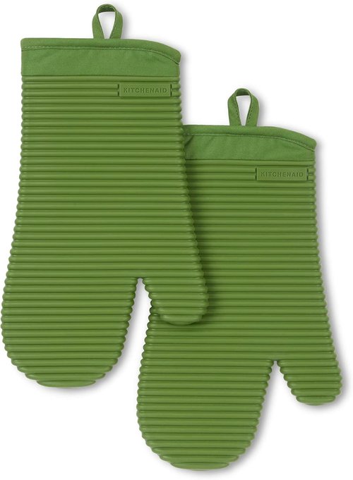 KitchenAid Ribbed Soft Silicone Oven Mitts - 2-Pack Set, 7.5"x13", Stylish Matcha Color