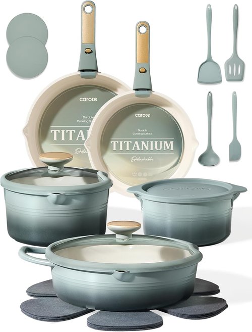 CAROTE 20-Piece Titanium Cookware Set - Non-Stick Pots and Pans with Detachable Handle | Induction & Dishwasher Safe