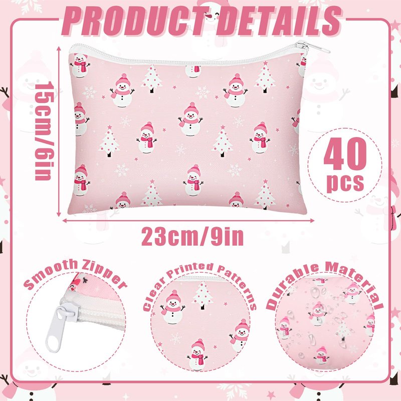 Sunnymove 40 Pcs Pink Christmas Makeup Bags Bulk Gifts for Women Pink Christmas Zipper Pouch Bulk Xmas Trees Snowman Snowflake Purse Cosmetic Gifts Xmas Party Favors for Employee Coworker Nurse Gift