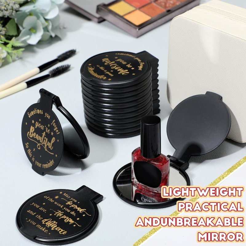 Wenqik 100 Pcs Inspirational Mini Compact Mirrors Bulk, Women Small Gifts Bulk, Group Team Party Favors, Mini Pocket Purse Mirror for Travel, Client, Guest, Wedding, Birthday, Cheerleader (Black)