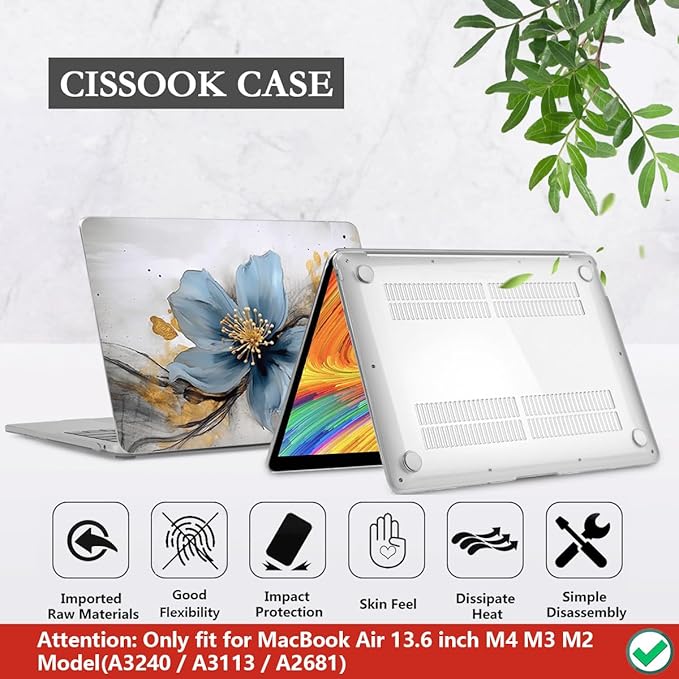 CISSOOK for MacBook Air 13.6 inch Case 2026 2025 2024 2023 2022 Release Model A3240 A3113 A2681, Hard Shell Cases with Keyboard Cover Type C Adapter for MacBook Air 13 M2 M3 M4 M5, Retro Golden Floral