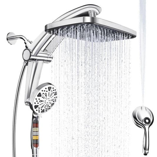 Rain Shower Head with Handheld High Pressure rainfall Shower Heads with Handheld Spray Combo Adjustable one-piece stand daul shower head Built-in Magnetic Docking and Power Jets-silver
