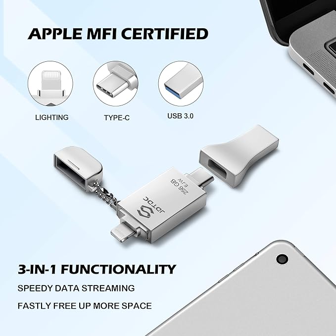 Genuine 256GB Apple MFi Certified Photo Stick for iPhone 17/16/15/14-3 in 1 USB C Flash Drive & Memory Stick - High Speed External Storage for Photos Videos iOS Backup, Android & PC (True Capacity)