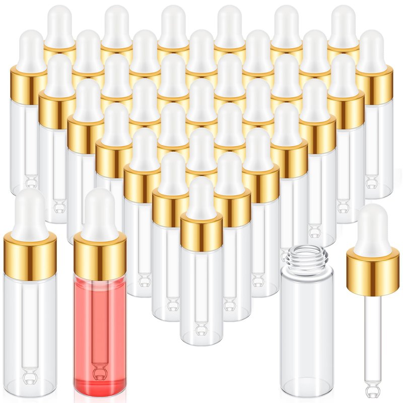 Didaey 200 Pcs 5 ml Mini Glass Oil Dropper Bottle Bulk, Clear Essential Small Empty Bottles Sample Containers Perfume Liquid Vials with Cap for Traveling (Champagne Gold)