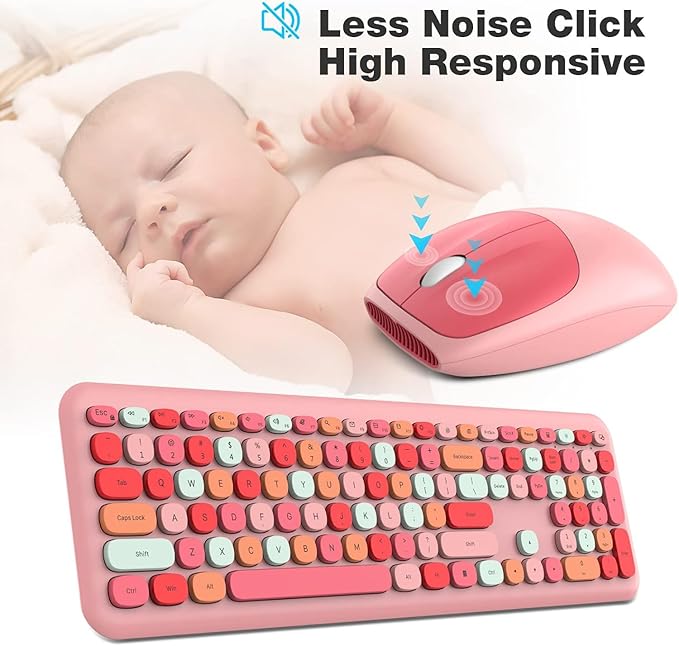 KNOWSQT Wireless Keyboard and Mouse Combo, Pale Pink Full-Sized 2.4G Silent Keycap Colorful Keyboards, USB Dongle Plug Play, Laptop, Windows, PC, Mac, Desktop