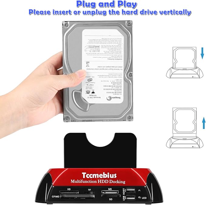 Tccmebius Hard Drive Docking Station, TCC-S862-US USB 2.0 to 2.5 3.5 Inch SATA IDE Dual Slots External Enclosure with All in 1 Card Reader and USB 2.0 Hub for 2.5" 3.5" IDE SATA I/II/III HDD SSD