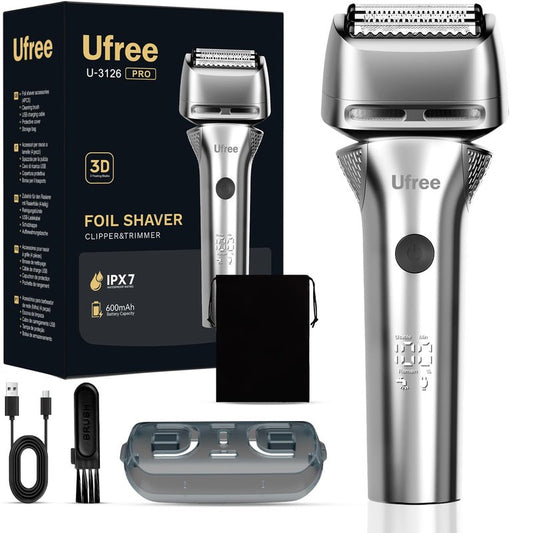 Ufree Electric Razor for Men, Foil Shaver with 2 Foil Heads, IPX7 Waterproof Electric Shaver, Wet Dry Cordless Razor, Chargeable&Portable Shavers for Men, Silver