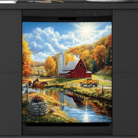 Autumn House Horse Lake Dishwasher Magnet Cover for The Front Magnetic Dishwasher Door Covers Dish Washer Sticker Wrap Home Decorative Appliances Panel Decal Kitchen Decor 23" x 26" (Magnetic)