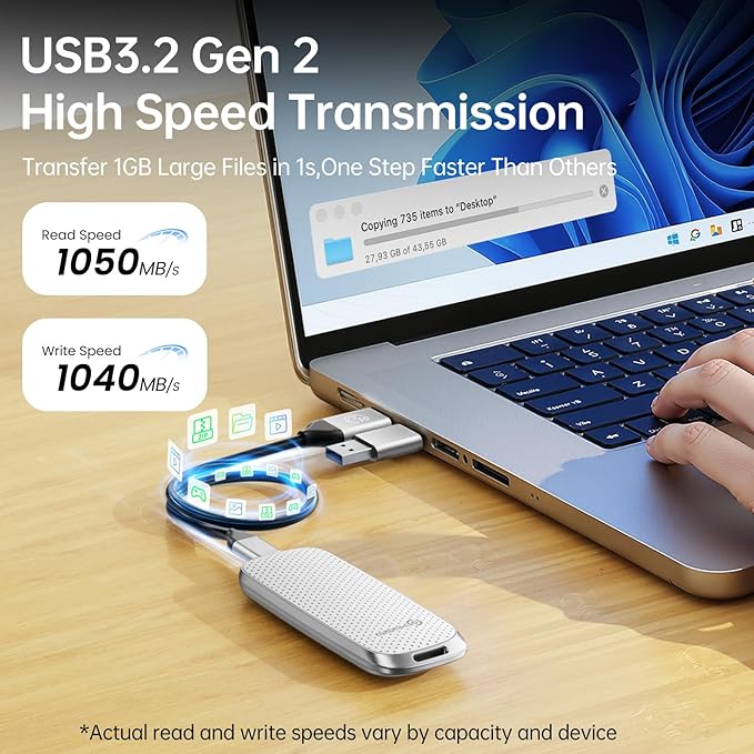 PHIXERO P10PRO External NVMe SSD 1TB, Up to 1050MB/s, USB 3.2 Gen2, Includes 2-in-1 USB C Cable, Portable Hard Drive for iPhone 15/16 PRO/Android/Mac, White