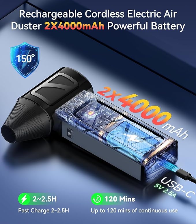 YUHUO Upgraded Compressed Air Duster, 360000 RPM Electric Air Duster with 5 Gear Power Motor, 8000mAh Rechargeable Cordless Mini Blower Jet Turbo Fan Replace Air Can for Computer Keyboard Car Outdoor