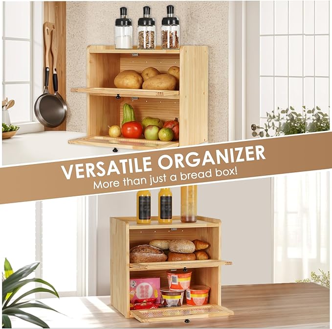 Sunhoo Bread Box for Kitchen Countertop Wooden Bread Storage Container Bin 2 Layer Breadbox Holder Large Capacity Keeper Vintage Farmhouse Food Organizer Pantry Shelf Acrylic Windowï¼Wood colorï¼