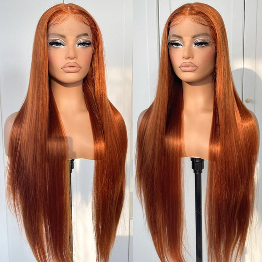 MITIMES Ginger Orange Lace Front Wig Pre Plucked Synthetic Long Straight Ginger Lace Front Wigs 180 Density Glueless Ginger HD Lace Front Wig 32inch