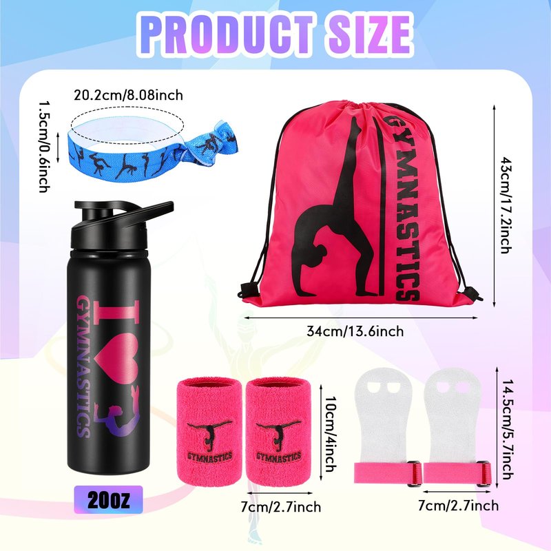 Xtinmee 66 Pcs Gymnastics Gift for Women Girl Pink Gymnastics Party Favor Hand Grip Water Bottle Drawstring Backpack Wristband Hair Tie 50 Tattoo Sticker Stuff Team Birthday Christmas