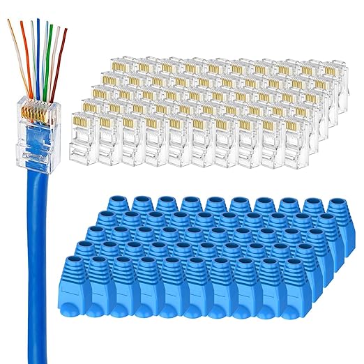 Brileine 100-Pack Cat 6 Pass Through RJ45 Connectors with RJ45 Boots Cover, Simplify Terminations with Ethernet Ends/ Cat6 Ends/ RJ45 Connectors/Cat 6 Connectors/ RJ45 Plugs for Cat6 Cat5e Cables