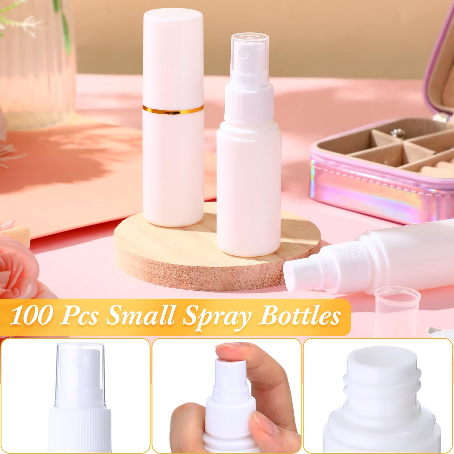 Yiyiring 100 Pack 1 oz/30 ml Small Plastic Spray Bottles Fine Mist Mini Empty Travel Bottles with Pump Spray Cap Double Cap Liquid Containers for Essential Oils Cosmetic Perfume(White)