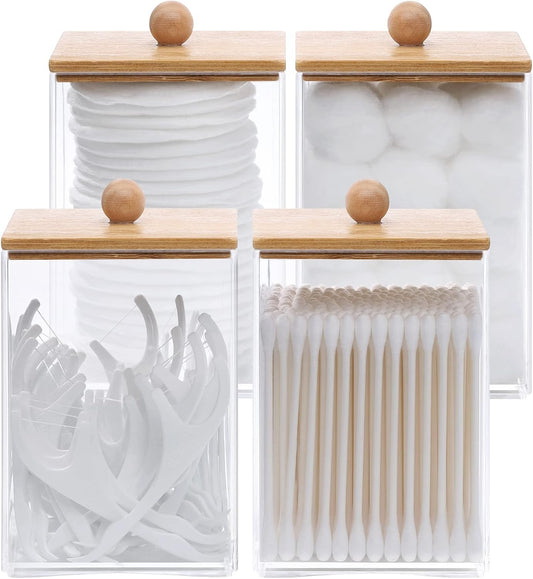 Tbestmax Cotton Swab Holder - Clear Apothecary Jar with Wood Lids | 12 OZ Bathroom Storage (4 Pack)