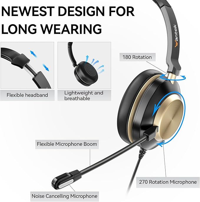 Wantek USB Headset with Microphone, Type-c/USB/3.5mm Jack 3-in-1 PC Headsets, Single Ear (Monaural) Headsets with Noise Cancelling and Volume Control for Call Centers, Skype, Zoom, Office,Business