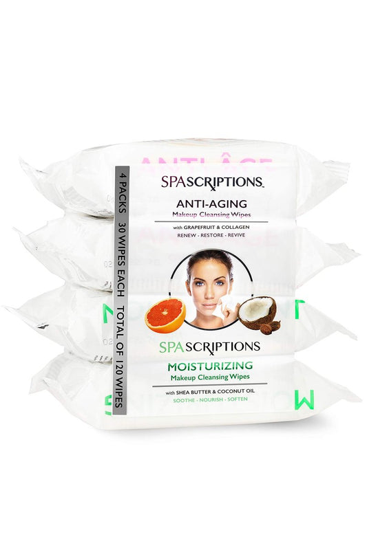 Spascriptions Cleansing Makeup Removal Wipes Bulk - Great for travel toiletries - 120 Count (4-Pack) (AntiAging/Moisturizing)