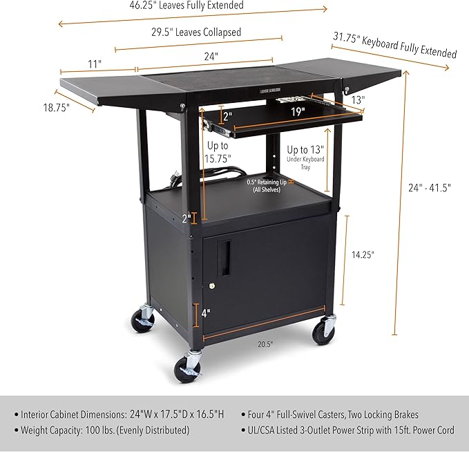 Leader Adjustable Height Rolling AV Cart, Mobile Workstation with Drop Leaf Shelves, Pullout Keyboard Tray, Locking Steel Cabinet, Power Strip for Classroom and Office Use (Black, 24-42 Inch)