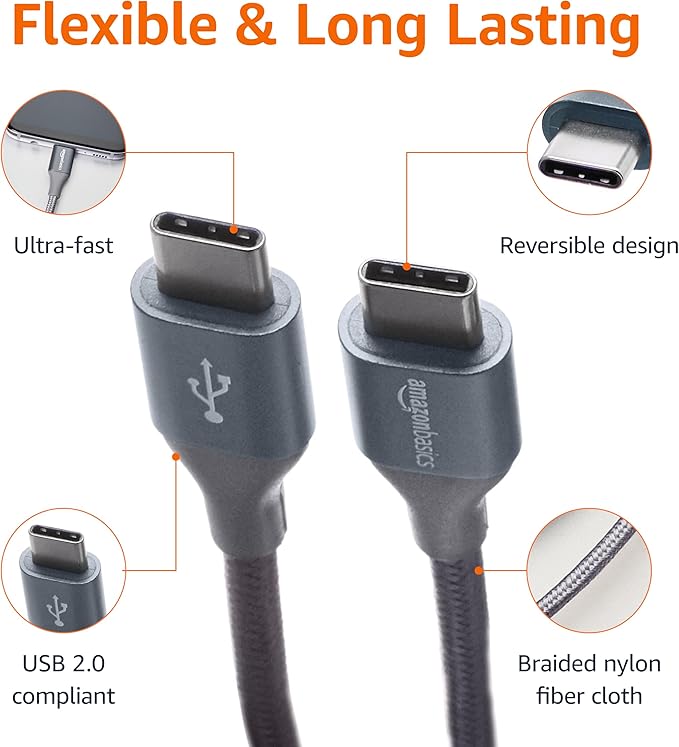 Amazon Basics Nylon Braided USB-C to USB-C 2.0 Fast Charger Cable, 60W, 480Mbps Speed, USB-IF Certified, for Apple iPhone 16/15, iPad, Samsung Galaxy, Tablets, Laptops, 10 Foot, Dark Gray