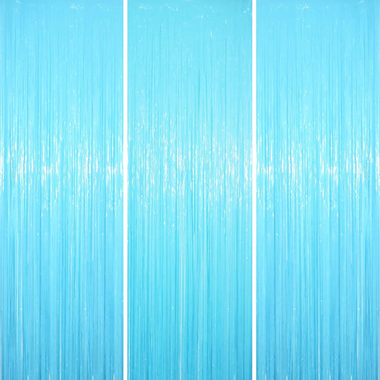 Voircoloria Pastel Blue Foil Fringe Backdrop Curtains - 3 Pack Tinsel Streamers for Parties & Events