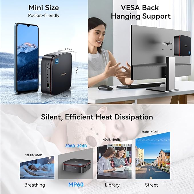 [3 Year Warranty] Blackview MP60 Mini PC with Intel N150(Beat N95/N97/N100), 16GB RAM 512GB M.2 SSD Mini Computer, 4K UHD Dual HDMI, W-11 Pro, WiFi 5/Big Fan/LED, Mini Desktop PC for Home/Office/Edu