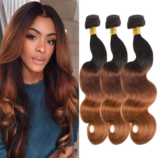 Ratheinhi T1B/4/30 Brown Bundles Human Hair 14 16 18 Inch Ombre Bundle Body Wave Human Hair Bundles Brown 3 Tone 3 Bundle Unprocessed Brazilian Virgin Quick Weave Hair for Black Women
