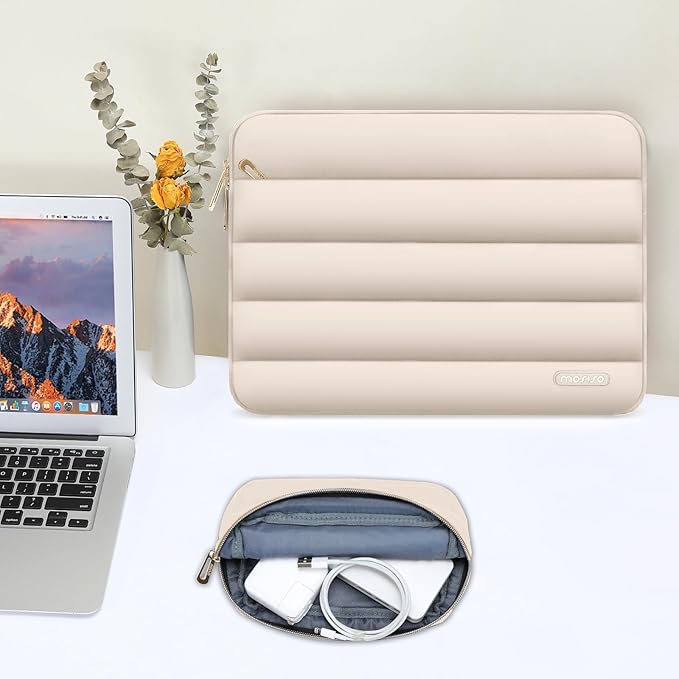 MOSISO Laptop Case 17.3 inch, 17-17.3 inch Puffy Laptop Sleeve Compatible with Dell XPS/HP Pavilion/Ideapad/Acer/Alienware/HP Omen Notebook Computer, Polyester Horizontal Bag with Small Case, Sand