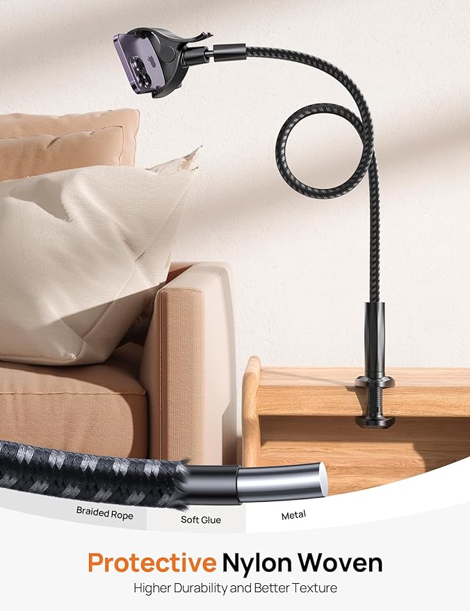 Aomiker Gooseneck Phone Holder for Bed - [Unique Nylon Braid] 38” Long Flexible Lazy Arm Clip, 360 Adjustable Overhead Phone Mount for iPhone 15 14 13 12 11 Pro Max Mini Plus, All 4-7" Cellphone
