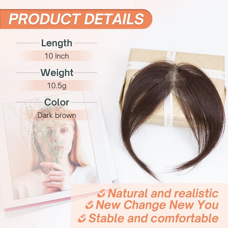 Benehair Clip on Bangs for Women Human Hair, Fake Bangs Clip Human hair, Middle Part Clip in Hair Extensions Hair Pieces with Temples for Daily Wear (Dark Brown)